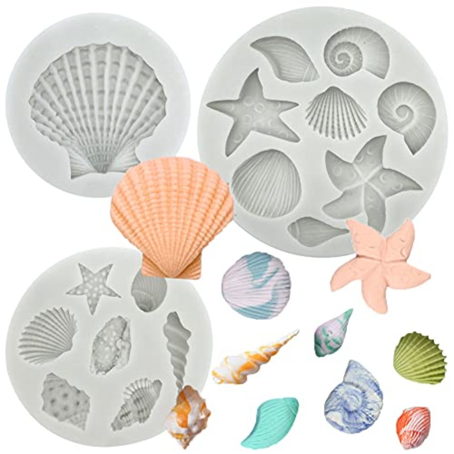 Marine Coral - 3-teiliges Silikon-Backformen-Set mit Meeresmotiven: Muschel, Seestern,
